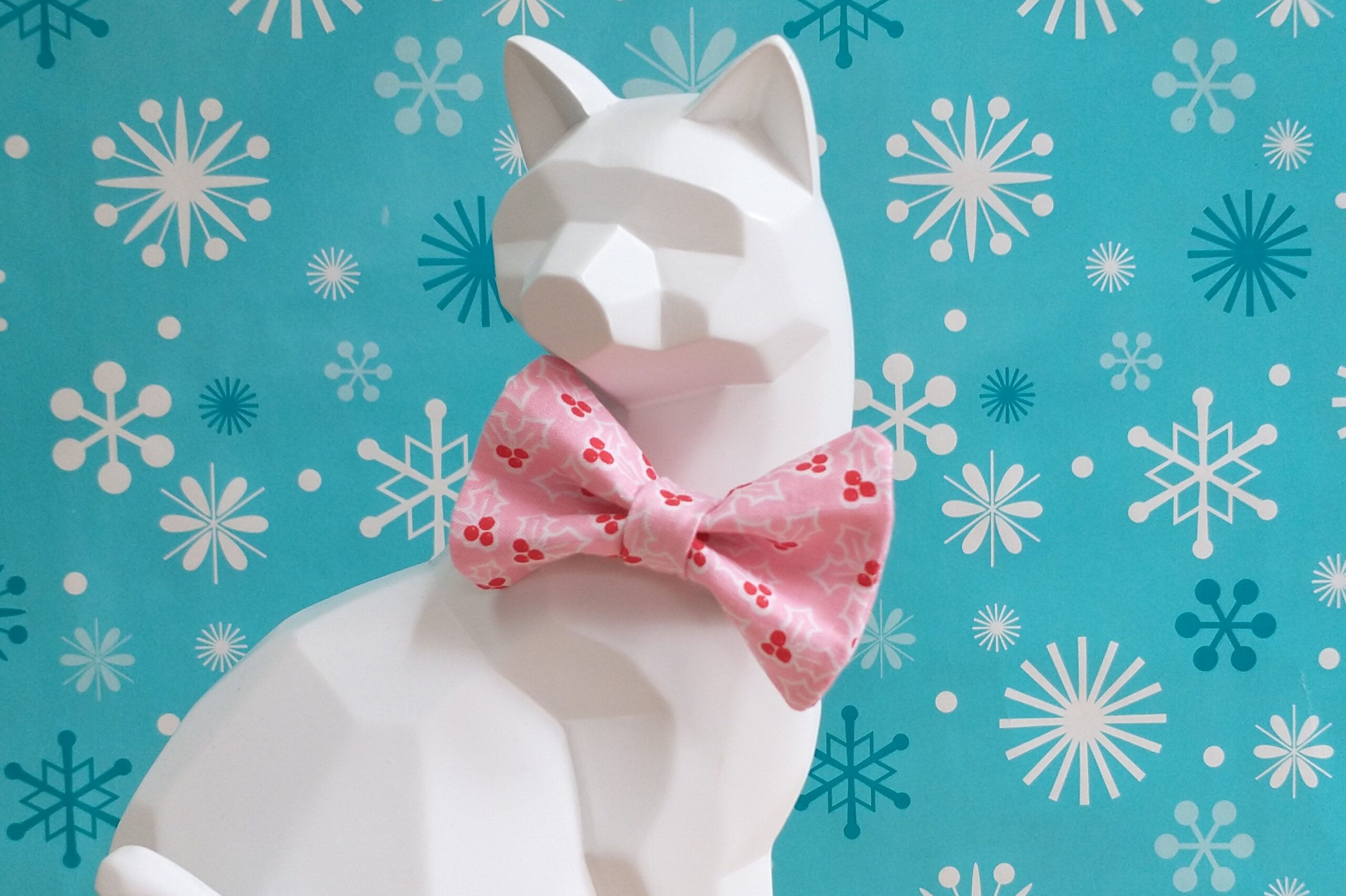Christmas Cat Bow Tie and Collar - Holly in Pink