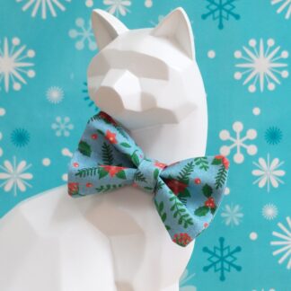 Christmas Cat Bow Tie and Collar - Poinsettias on Blue
