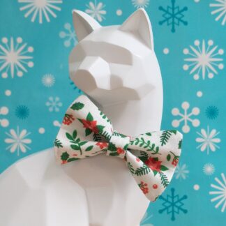 Christmas Cat Bow Tie and Collar - Poinsettias on White