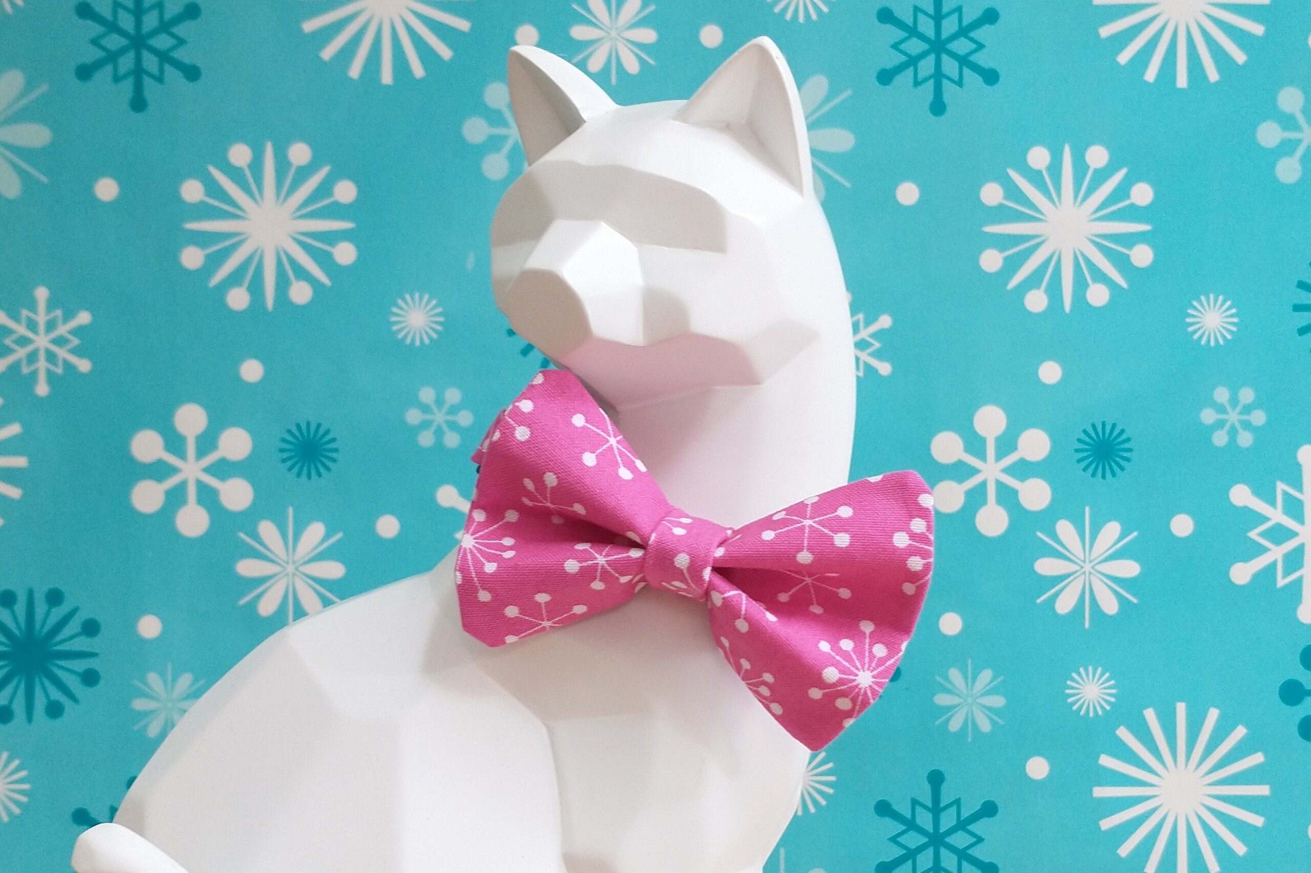 Christmas Cat Bow Tie and Collar - White Snowflakes on Pink