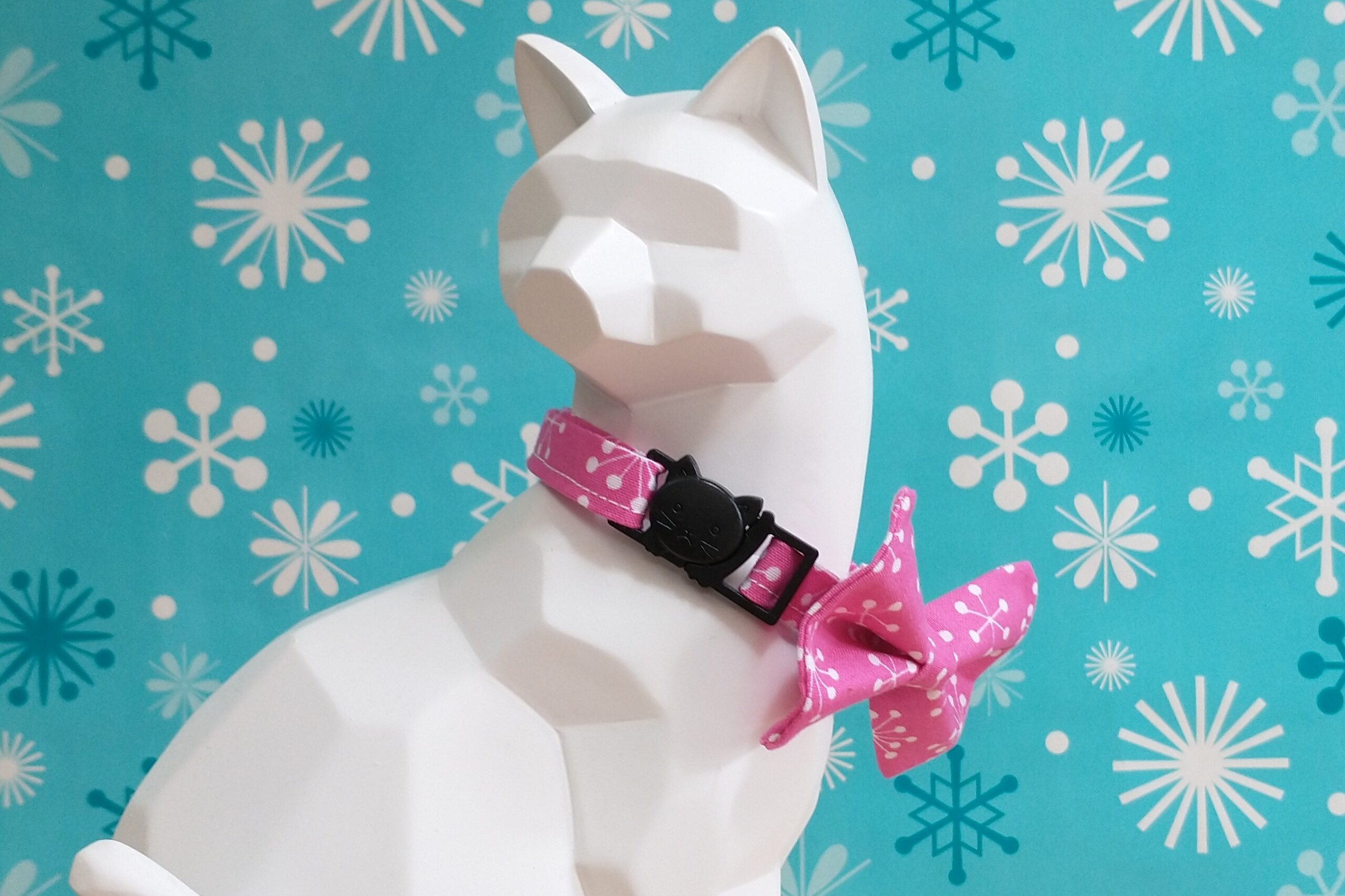 Christmas Cat Bow Tie and Collar - White Snowflakes on Pink - Image 2